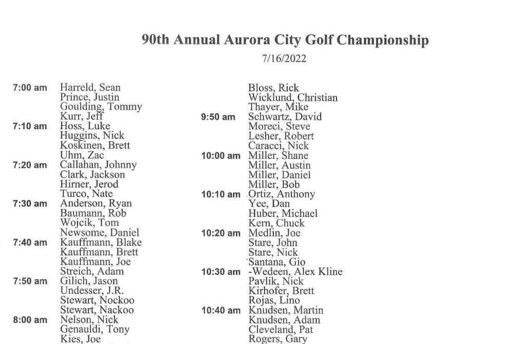 view the 90th Annual Aurora City Golf Championship schedule in a new tab
